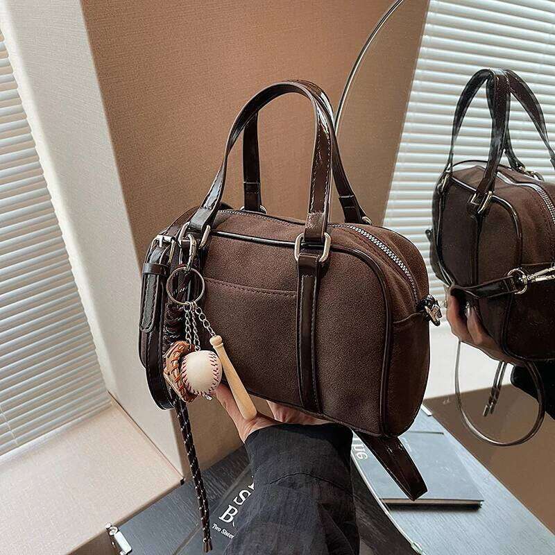 OLOEY Women Suede Boston Adjustable Strap Top-handle Bag With Interior Pocket Handbag Zipper Clutch Purse for Work Travel