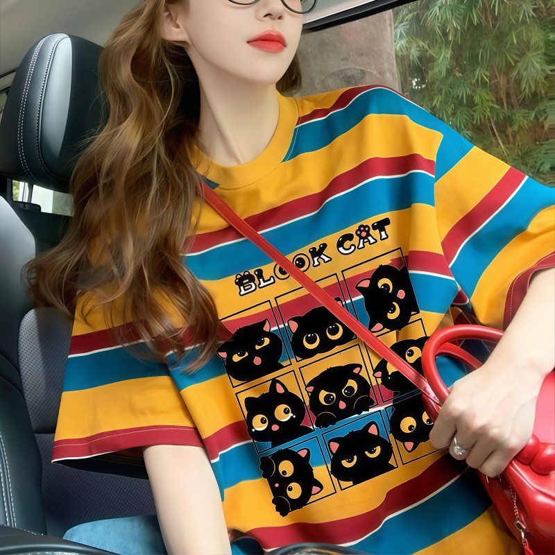2025 American color blocked striped short sleeved women's T-shirt summer new fashion cartoon college style loose fit top new designer T-shirt