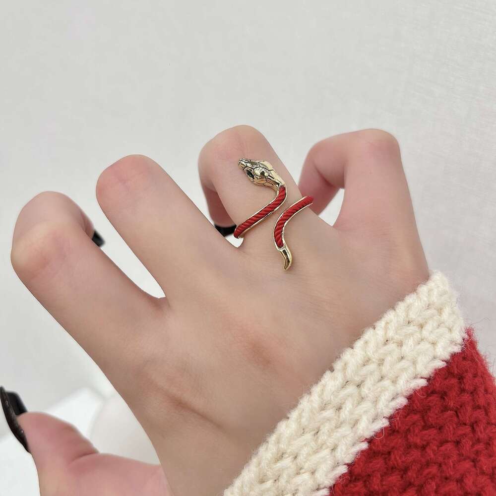Festive Red Rope Zodiac Snake Open Birth Year Fortune Index Finger Design New Chinese Style Ring 8c4