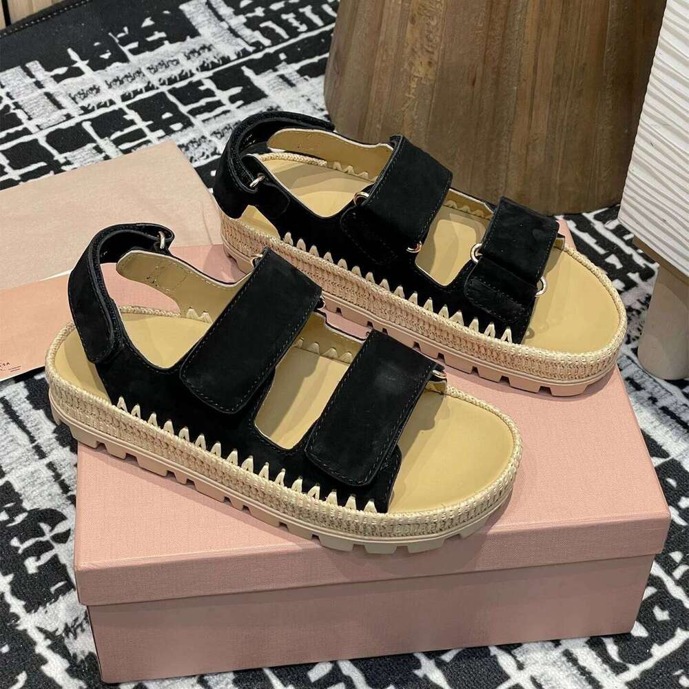 Women Size35-41 Natural Cow Suede Sandals Flat Platform Weaving Summer Flats Hook Loop Designer Shoes Zapatillas De Mujer 591