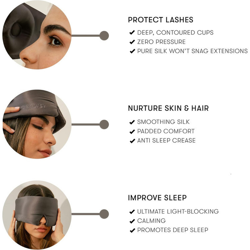 DROWSY Eyelash Protecting Silk Sleep Mask for Natural Lashes & Extensions. Deep Eye Cups, Zero Pressure, Total Blackout, Full Wraparound (Moonlight Sh