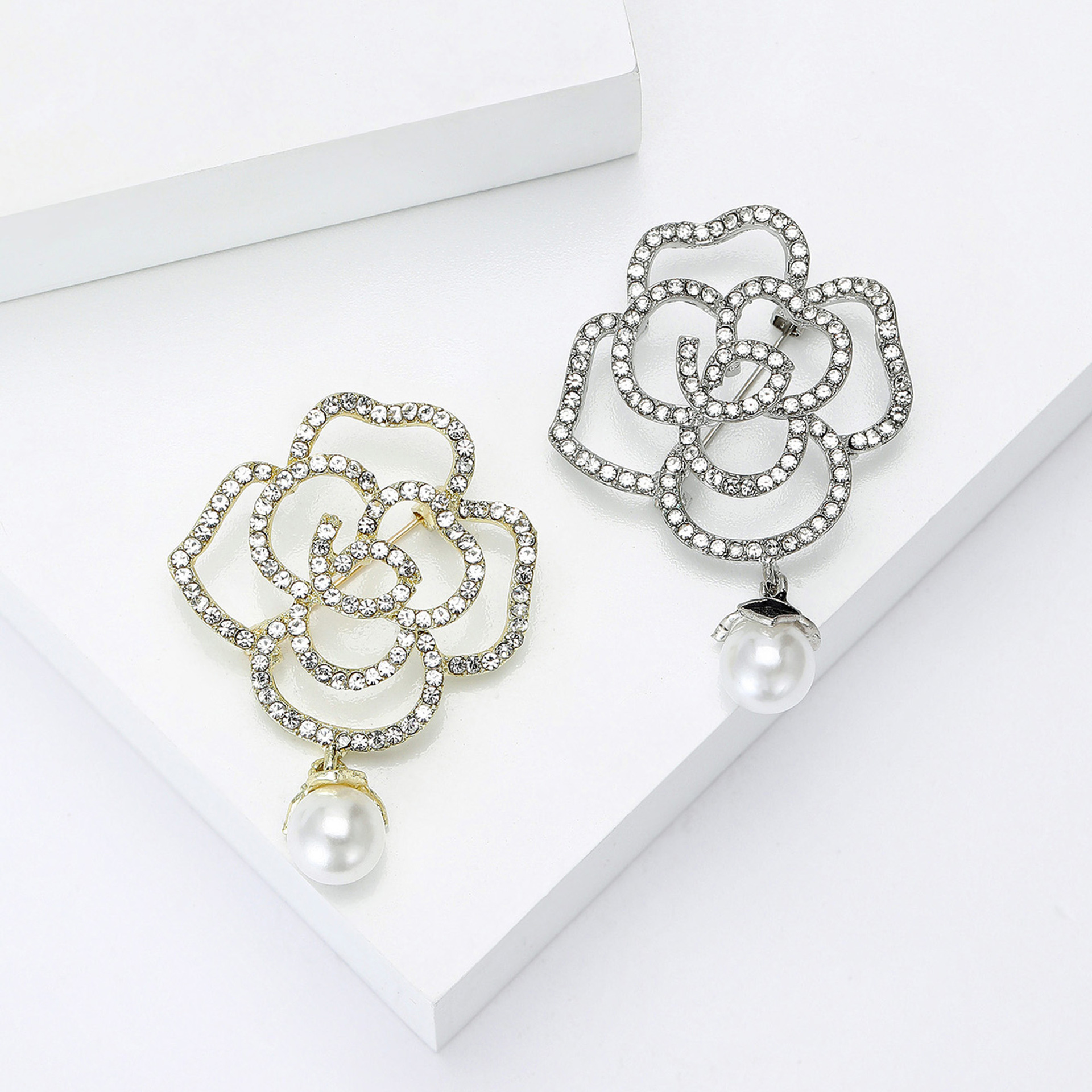 Gold Tone Rhinestone - Encrusted Openwork Rose Brooch With Pearl Drop Accent Elegant Party Jewelry And Gift For Her High Quality And Stylish Jewelry