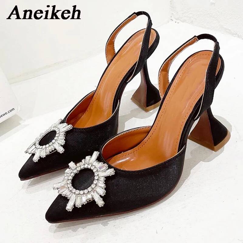 Aneikeh Brand Women Silk Crystal Butterfly Knot High Heels Summer Pointed Shoes Triangle Heeled Bride Pumps