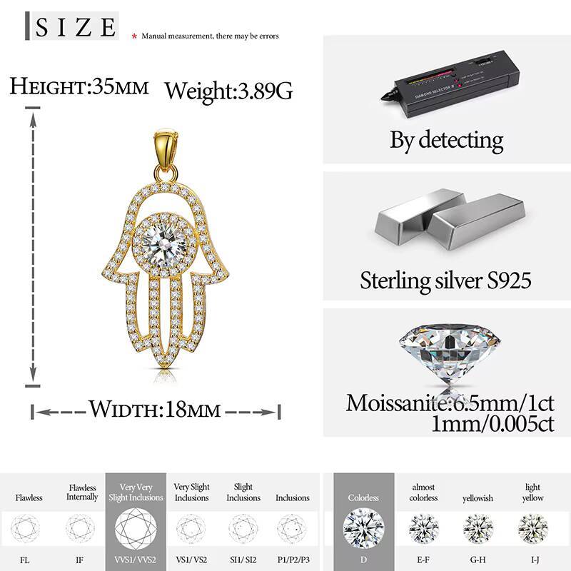 Fine Jewelry Gold Plated 925 Pure Silver VVS Moissanite Diamond Hamsa Hand Pendant Necklace With Chain
