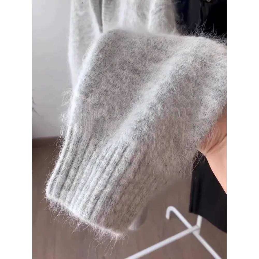 Advanced Gray Alpaca Wool Sweater Women's Autumn And Winter Big Collar V-Neck Fluffy Loose Casual Top 250728