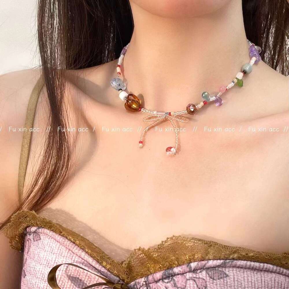 Dopamine Colorful Bow Necklace Light High-end Choker Collarbone Fashion Hand-painted Butterfly Heart Neck Chain e5f