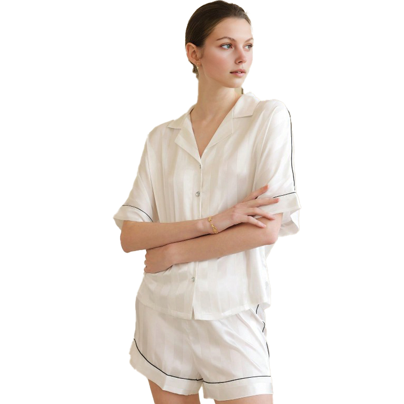 2025 New Women's Spring/Summer Silk Satin Striped Simple Short Sleeve Short Pants Pajama Set Homewear