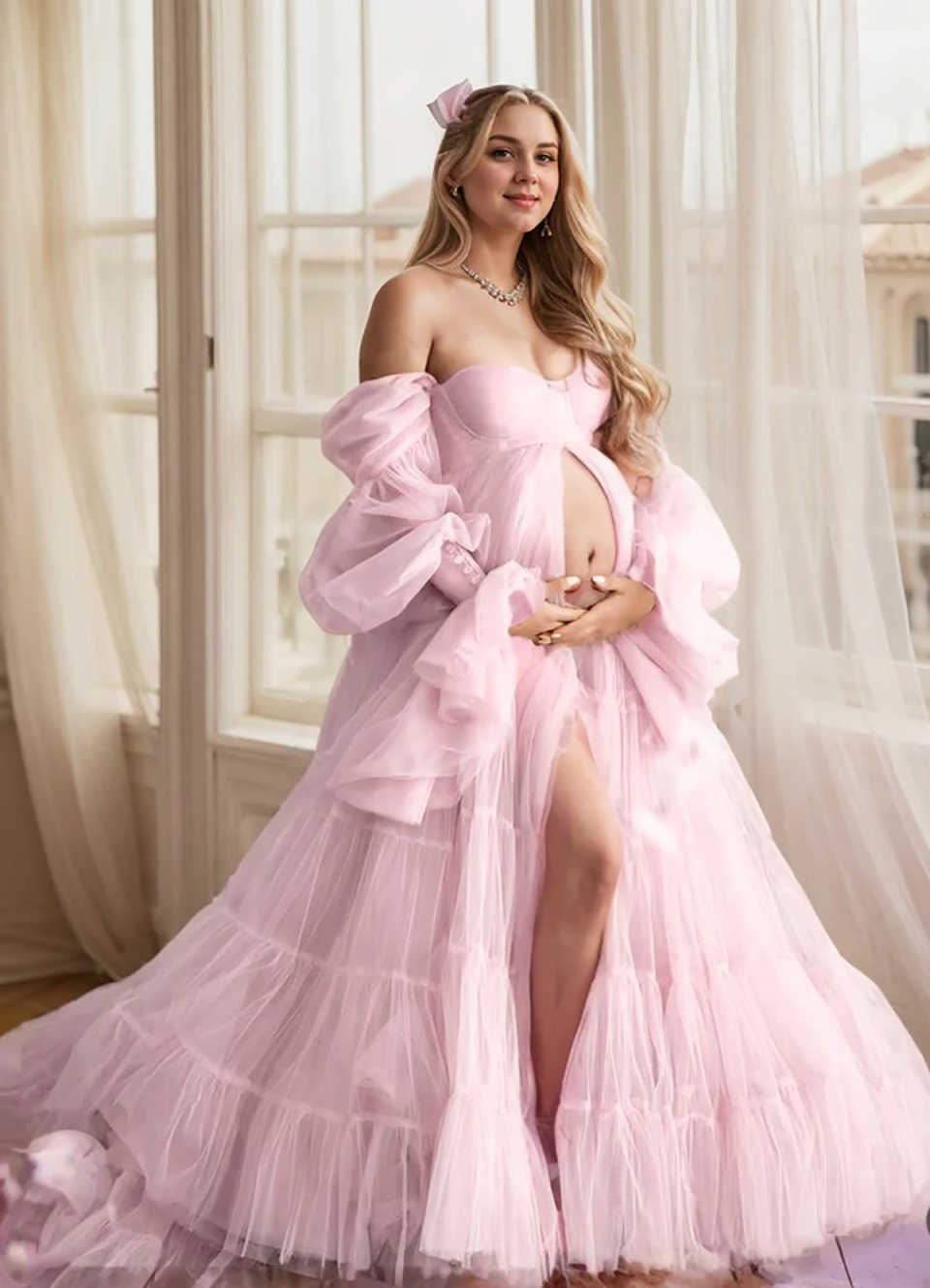Multi-layer Maternity Dresses For Photoshoot Tulle Strapless Long Sleeves Wedding Bridal Sleepwear BabyShower Gown Customized
