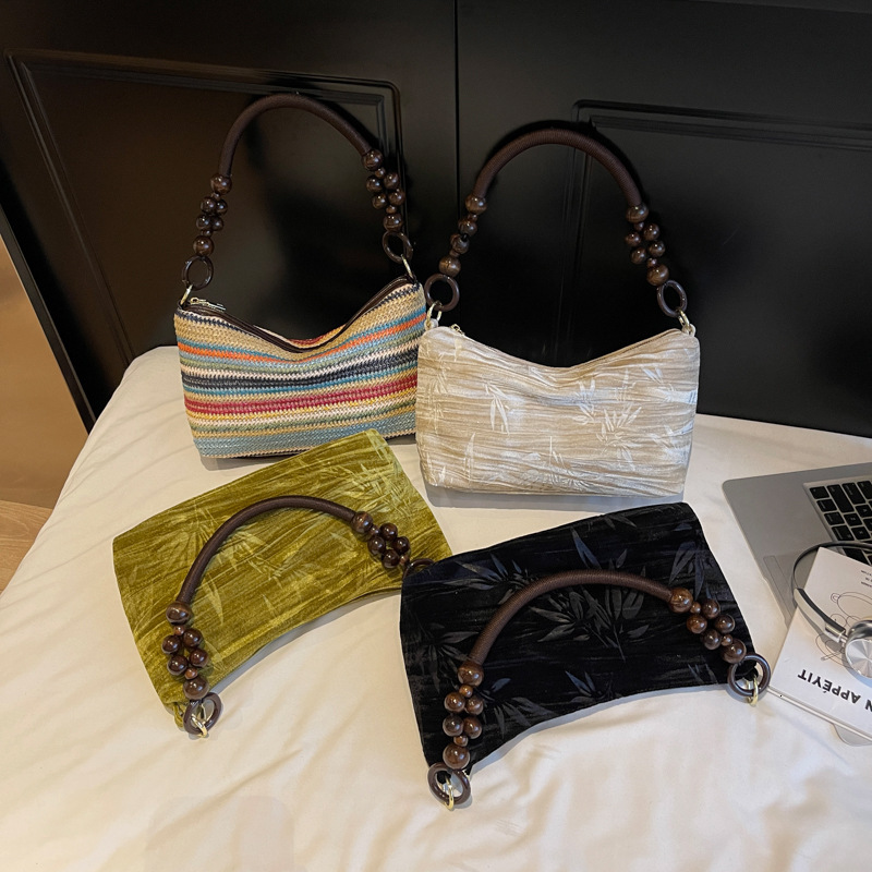 Retro ethnic style handbag, simple bead shoulder bag, multifunctional dumpling bag, designer bag, women's crossbody bag