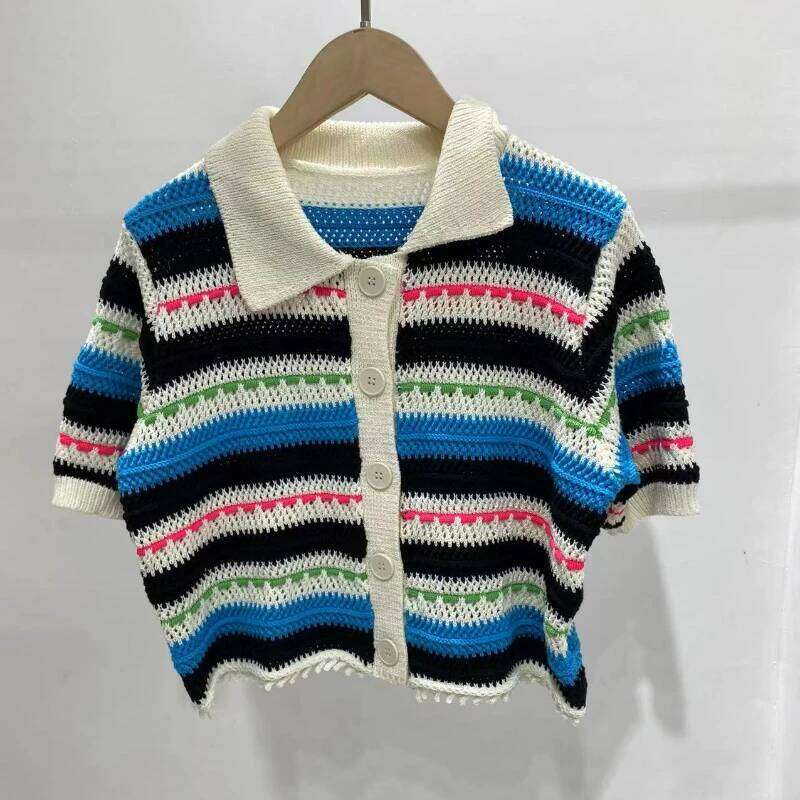 Designer Clothing 2025 Stripes Hollow Out Short Sweater Women Turn-Down Collar Single Breasted Female Short-Sleeved Knit Cardigan 2024 Spring Summer