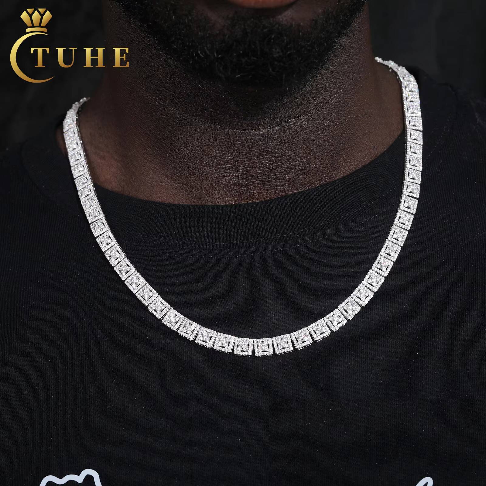 Fine Jewelry 8mm 925 Sterling Silver VVS Moissanite Gold Plated Four Leaf Clover Square Geometric Link Chain Necklace