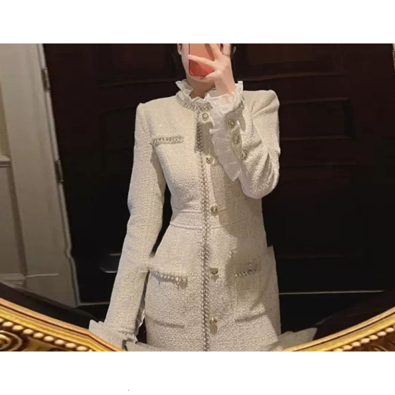 Lanjia- Off White Tweed Spring / Autumn Womens Tassel Ladies Slim Bottoming Dress One-Piece 240824 12634