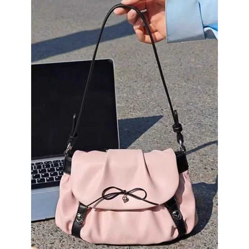 Cute Sweet Bow Womens Shoulder Bags Pleated PU Leather Design Ladies Underarm Bag Contrast Color Commute Female Purse Handbags Y250730