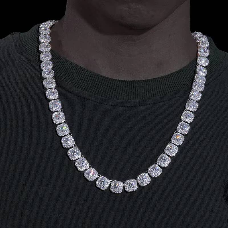Hot Selling Hip Hop Jewelry Mens 10mm 925 Sterling Silver VVS Moissanite Diamond Iced Out Square Tennis Chain Necklace