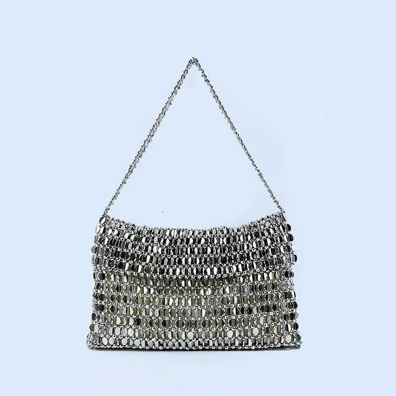 metal sequin siLVer bag for womens 2024 new bag hand woven feel handbag shoulder and underarm bag Y250730