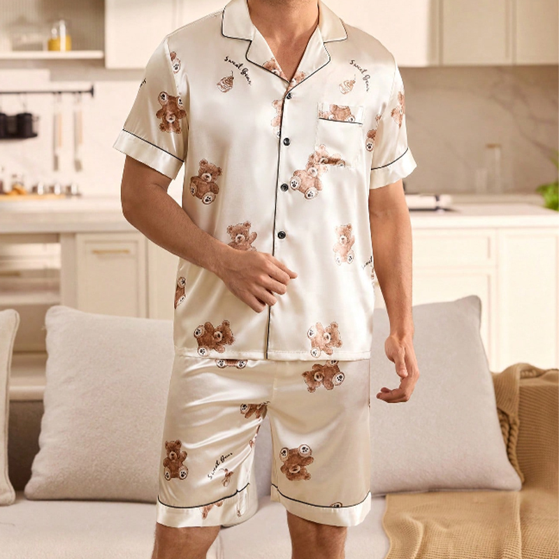 2025 New Men's Satin Pajamas Set Short Sleeve Bear Print Sleepwear Summer Home Lounge Wear