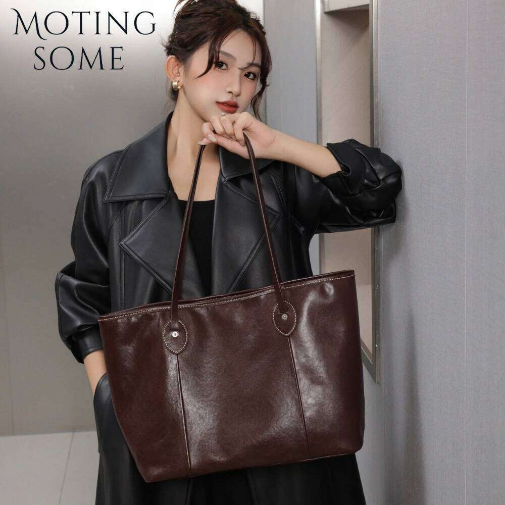 Motingsome Vegetable Tanned Leather Cowhide Women's Minimalism Large Capacity Tote Bag Niche Design Shoulder Handbag