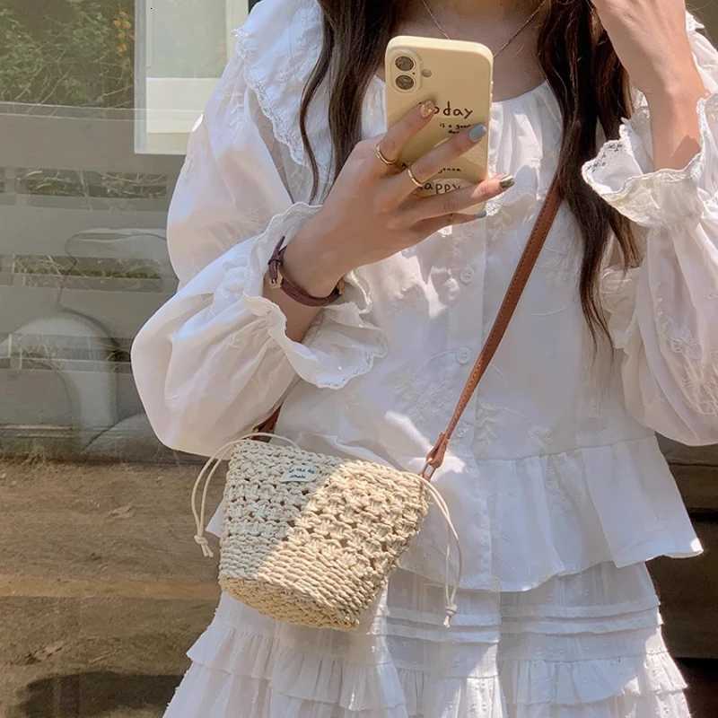 Summer Vacation Womens Straw Woven Shoulder Bags Casual Beach Ladies Small Bucket Handbags Female Drawstring Crossbody Bag Y250730