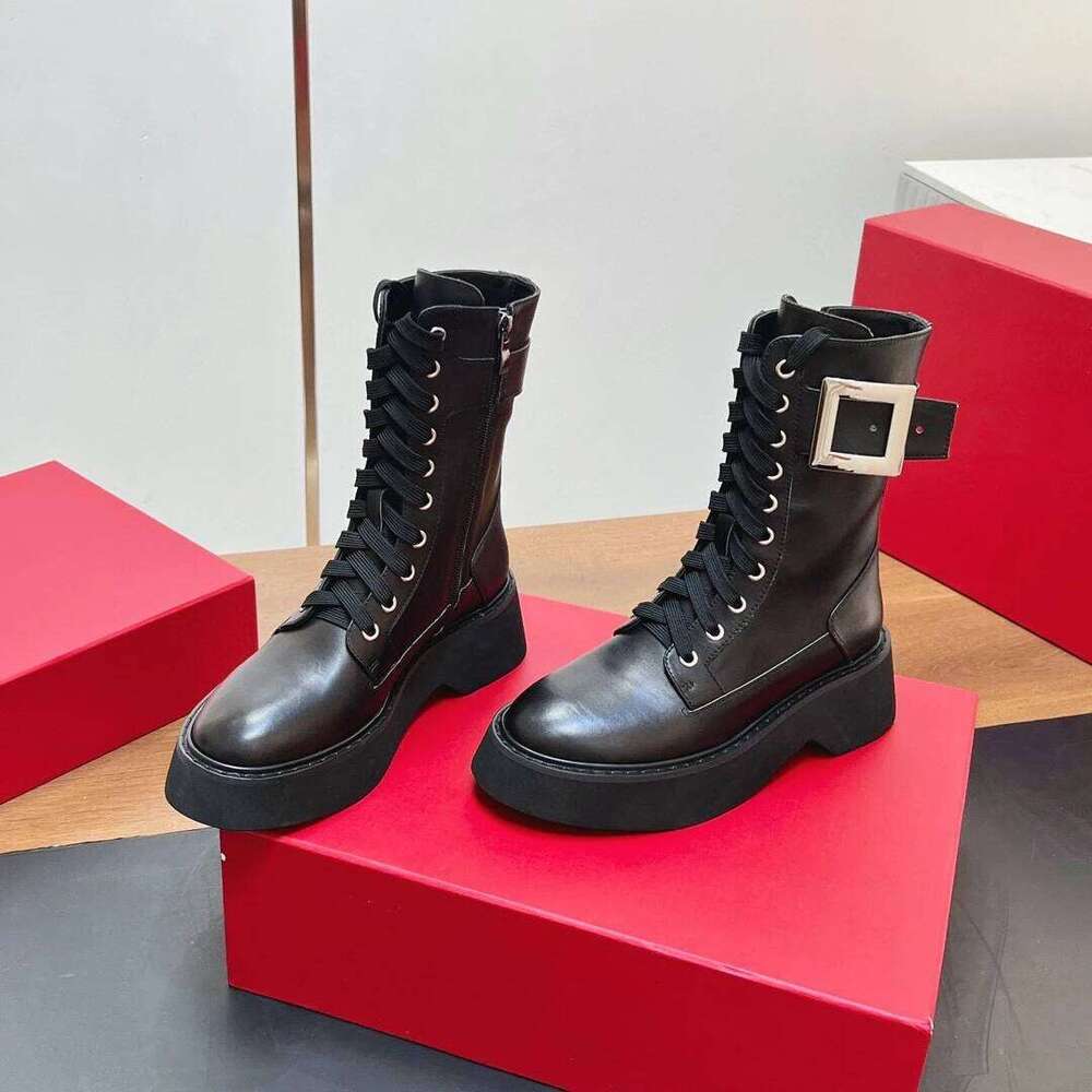 Women Genuine Leather Med Heels Crystal Buckle Ankle Boots Flat Platform Zipper Designer Shoes Zapatillas De Mujer 523