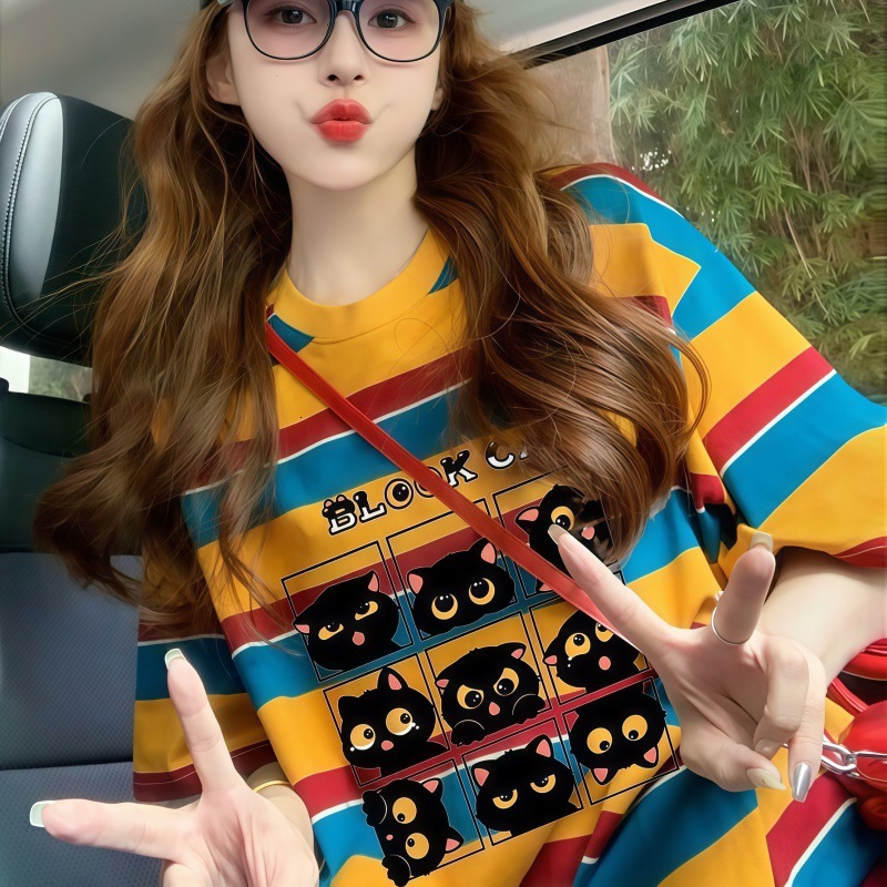 2025 American color blocked striped short sleeved women's T-shirt summer new fashion cartoon college style loose fit top new designer T-shirt