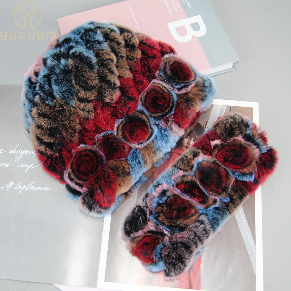Fashion Fur Hats Scarves Sets Women Winter Knitted Rex Rabbit Fur Hat Scarf Ladies Natural Fur Hats Mufflers Sets 250724