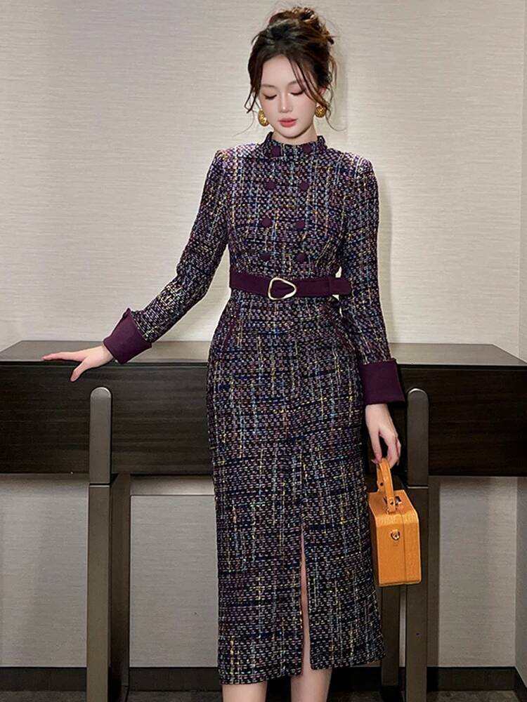 Women Clothes Tweed Plaid Formal Ocn Double Breasted Belt Slim Slit Midi Pencil Dress Elegant Vestidos Commute Casual New dongdumaoyi