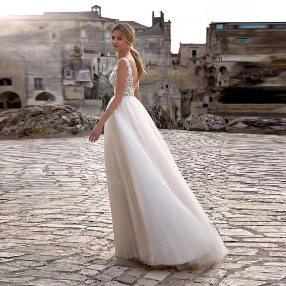 Elegant Sleeveless V Neck Wedding Dresses Sequins Applique Lace Bridal Gowns Formal Dress Plus Size Custom Made Vestido de novia