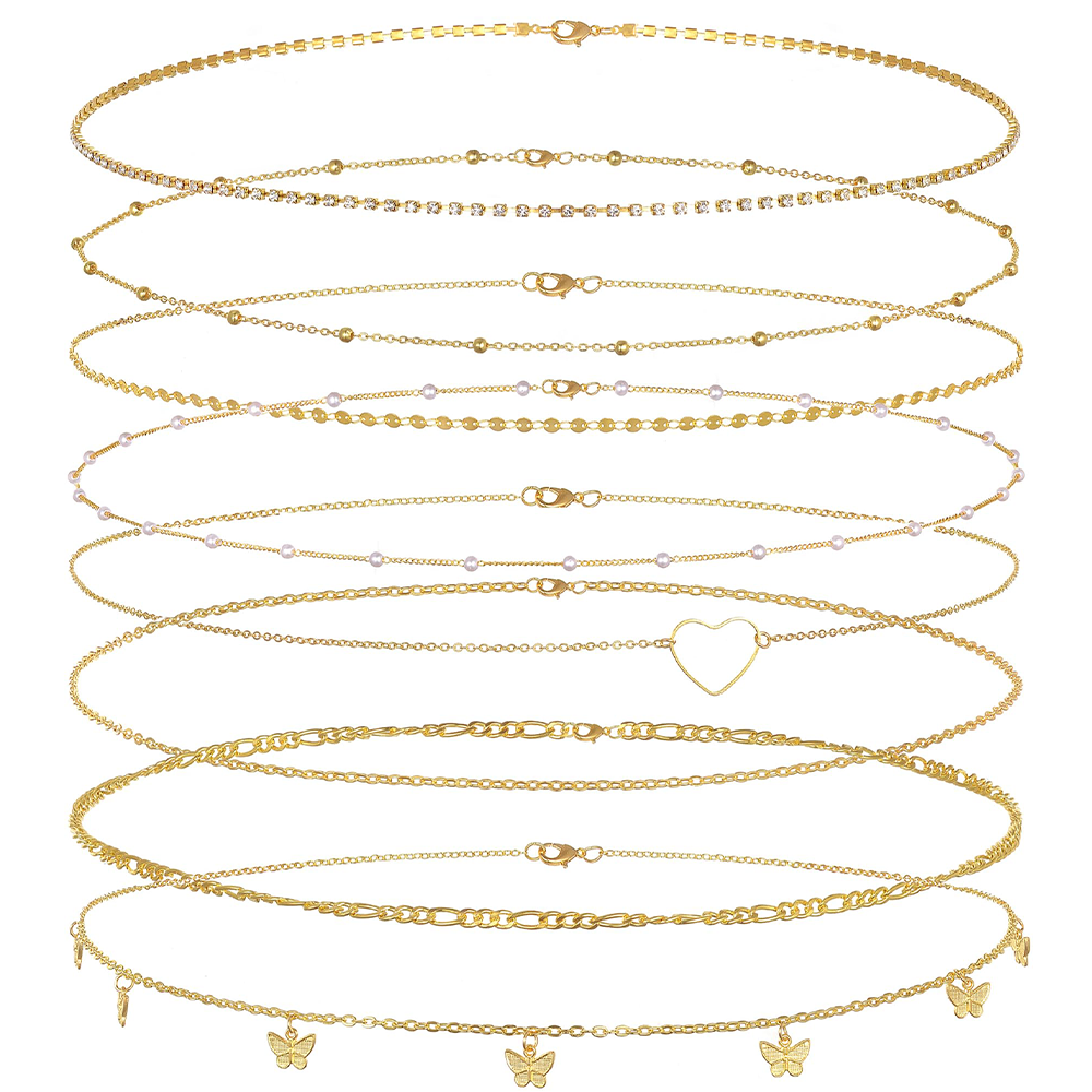 Adjustable 8Pcs Waist Belly Chain 18K Gold Plated CZ Heart Pearl Butterfly Bead Sequin Paperclip Belly Chain Summer Beach Sexy Body Chains Women Jewel