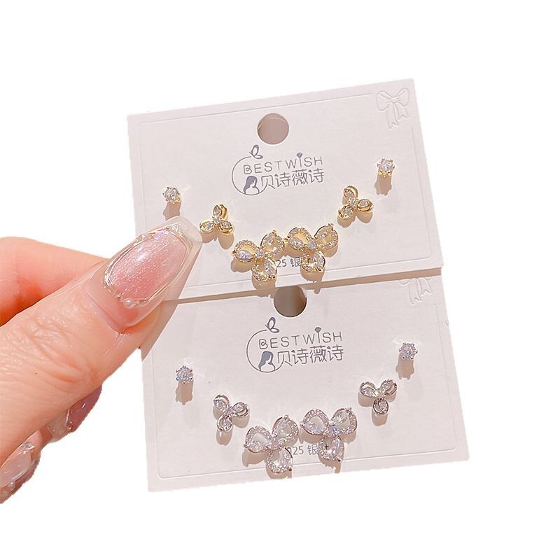 Free Shipping Designer Luxury Jewelry Silver Needle Thick Gold Plated Exquisite Zircon Small Earrings 6-piece Set Three Pairs High-end Fashion Earring