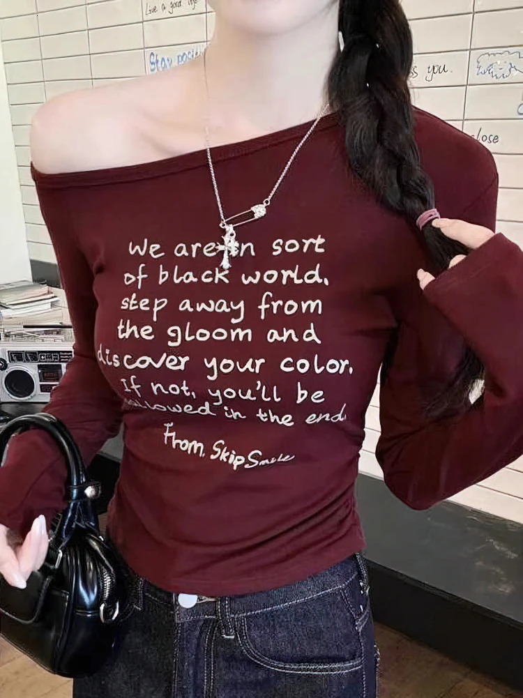 Vintage Y2k Off shoulder Long sleeve T shirt Women Body Sexy Letter Print Basic Baby Crop Top Lady Korean Chic Tees Slim fit 250730