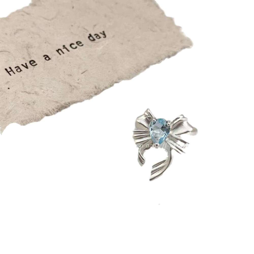 Light Blue Fashion Bowknot for Women Gentle Exquisite Versatile Open Ring Niche High-end Design Jewelry cc1