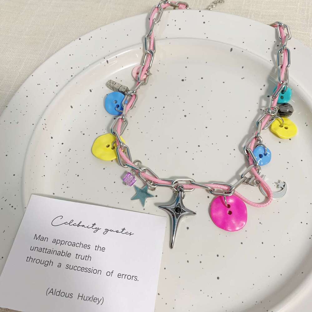Dopamine Colorful Button Leather Necklace Niche Design Light Collarbone Versatile Neck Chain Student Best Friend Accessory 271