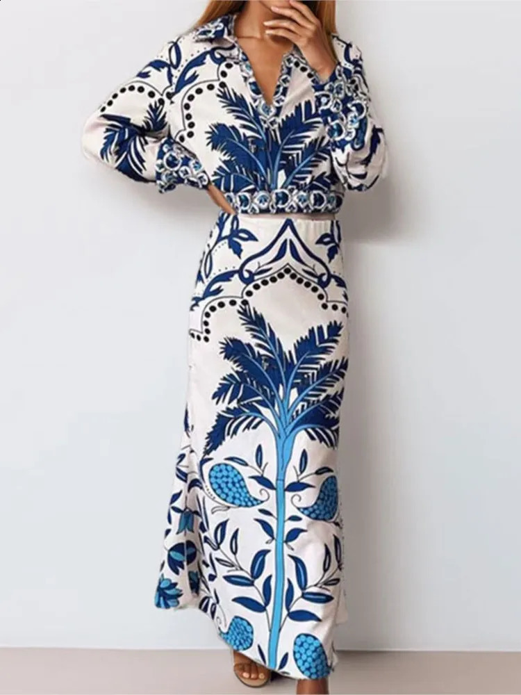 2025 Women Printed Two Piece Set Fashion Elegant Vintage V-neck Long Sleeve Cropped Top And High Waist Midi Skirt 2 Piece Sets 250728