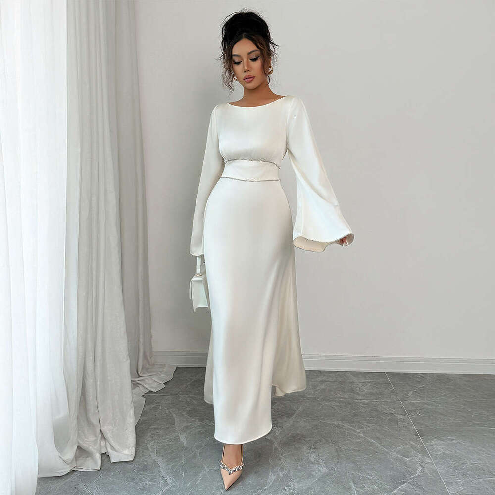 Elegant and Graceful Waist-Cinching Solid Color Long Sleeve Dress for Women 2025 Autumn Winter