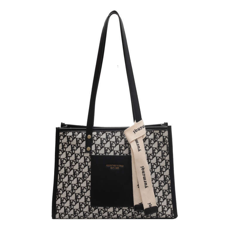 Woman Shopping Bag Black and white presbyopia canvas tote bag, large capacity hand-held shoulder bag, fashionable and versatile commuting bag for outd