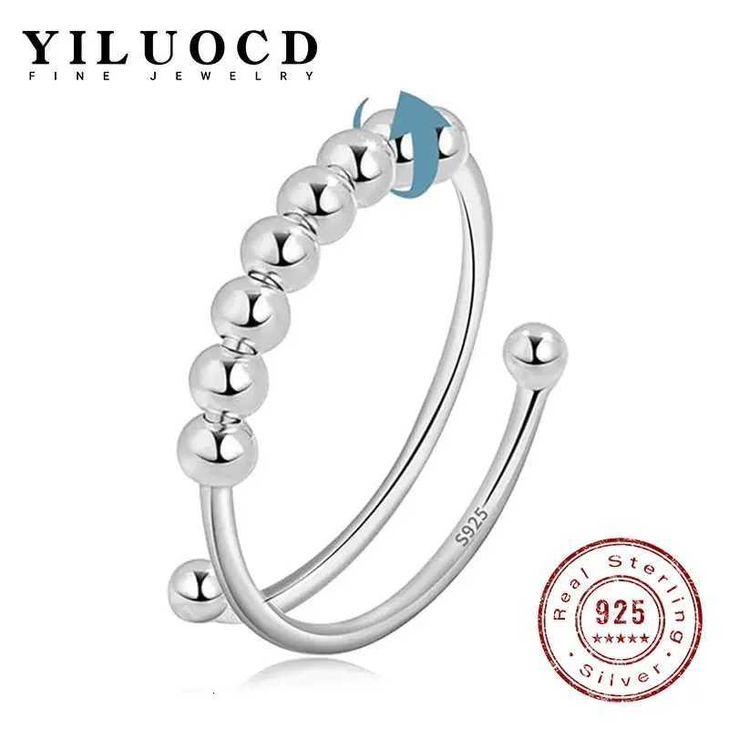 925 Sterling Silver Stress Relief Fidget Spinner Rings Rotate Beads Anxiety Adjustable Rings for Women Men Fine Jewelry y250730