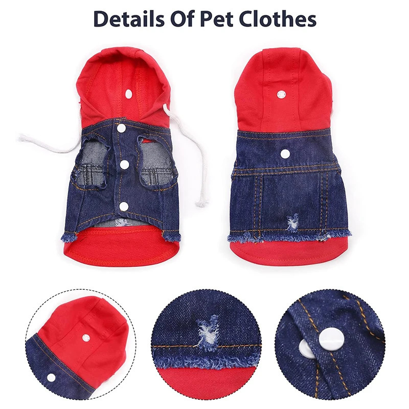 Pet Clothes Dog Jeans Jacket Layered Drawstring Hood Denim Jacket False Two Coat Clothing for Small Medium Dogs Cats Red/Black 250729