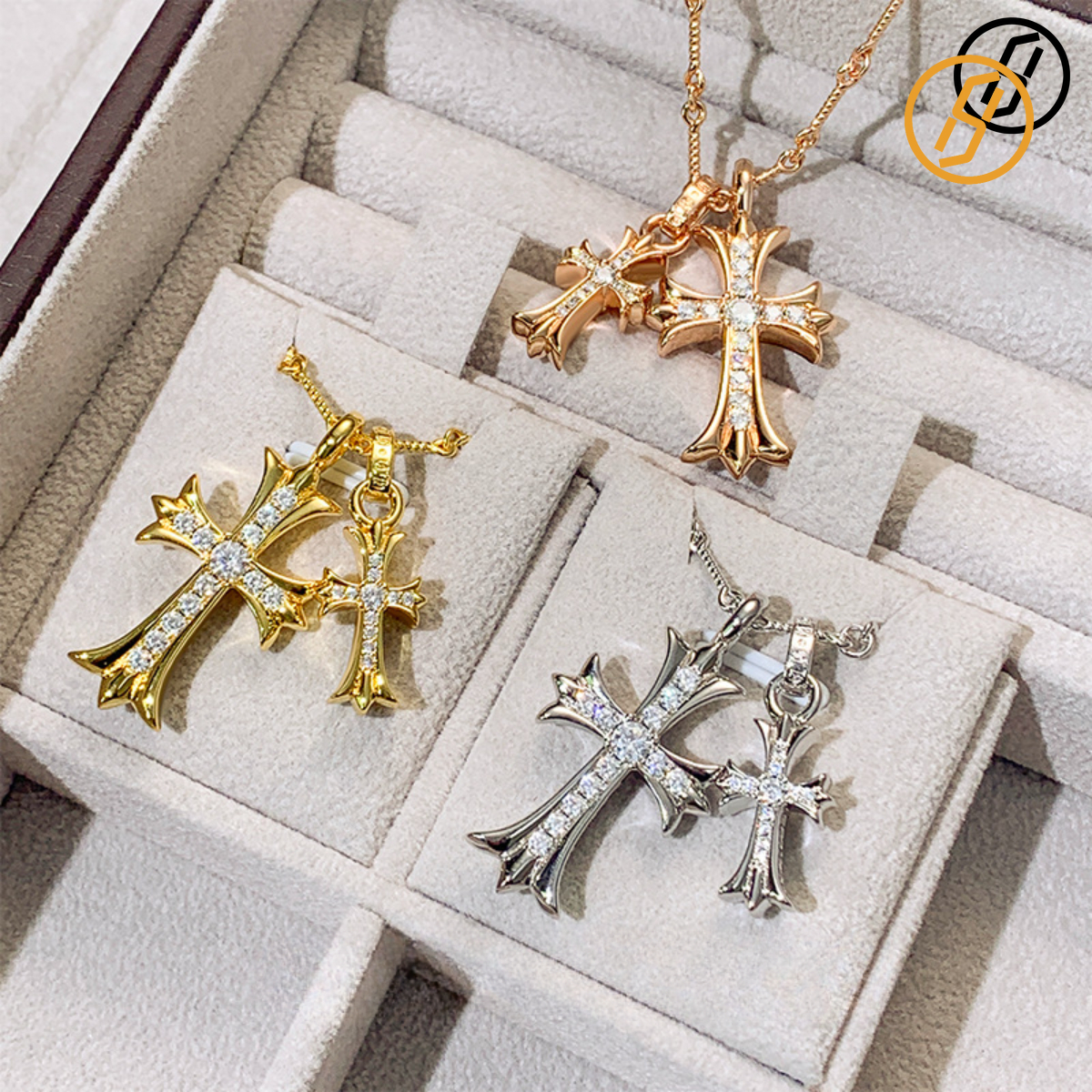 New Cross Trendy Full Diamond Double Cross Necklace Retro Pendant V Gold Hot Jewelry Men and Women Couples's Festival Bamboo Chain Designer Necklace Original
