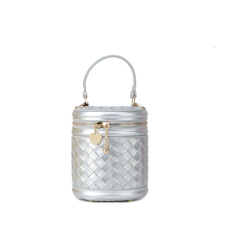 Women Woven Cylinder Trendy Fashion Handheld Commute Single Shoulder Crossbody Mini Bucket Bag