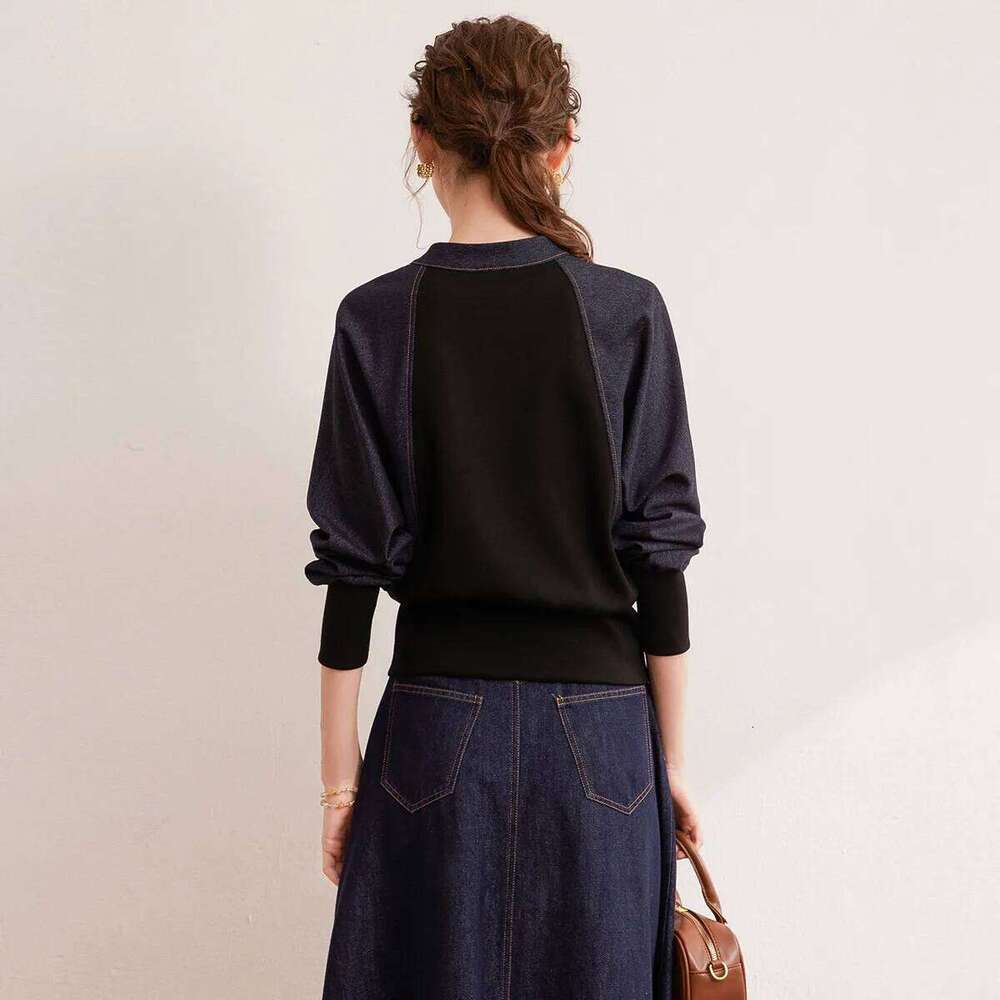 Designer Clothing 2025 YAO Splicing Raglan Sleeve Sweatshirt Autumn Korean Style Round Neck Pullover Slightly Elastic Women's Hoodie