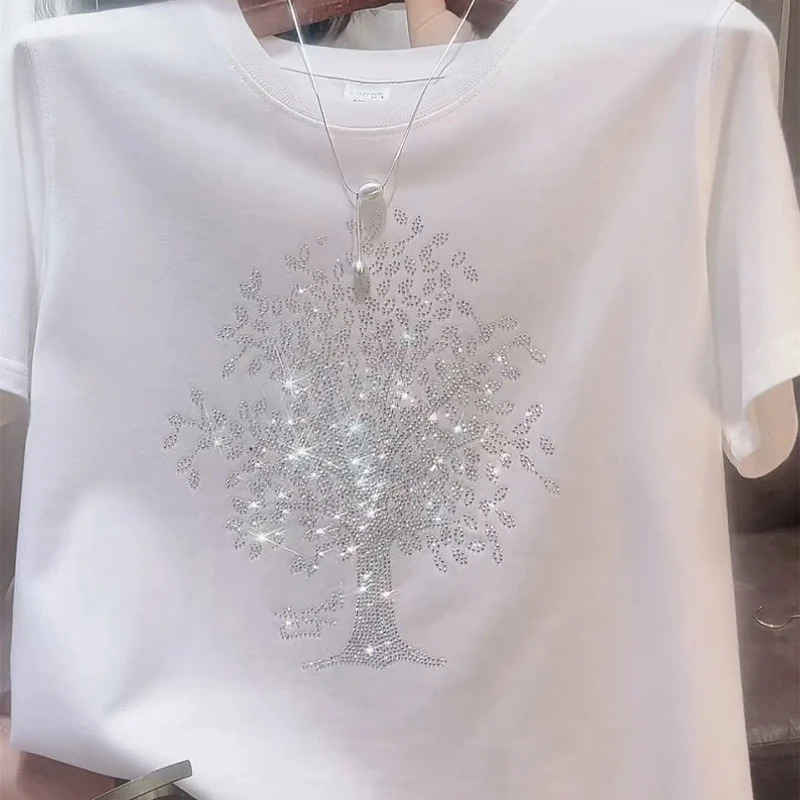 2025 Womens Round Neck Diamonds Printed Tshirts Summer Fashion Commute Cotton Solid Loose Short Sleeve Casual Tops 250724