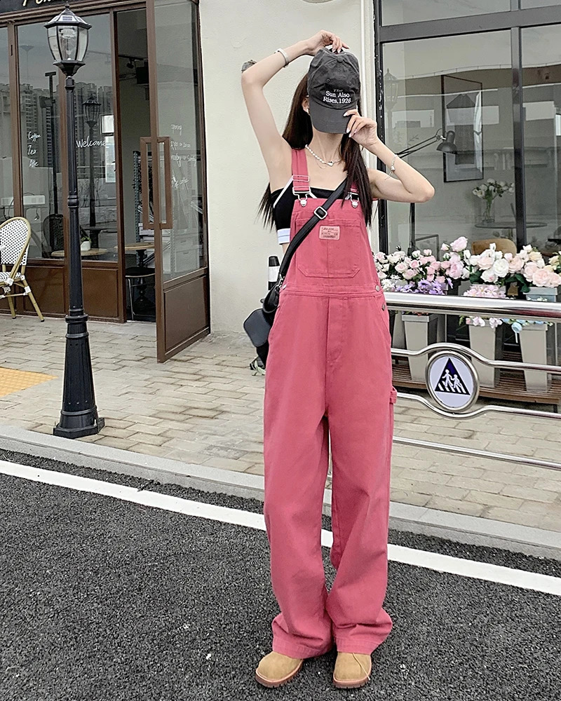 SM jeans Summer Preppy Style loose Girls Pink wide leg trousers jumpsuit korean casual denim overalls 78891 250730 - view 5