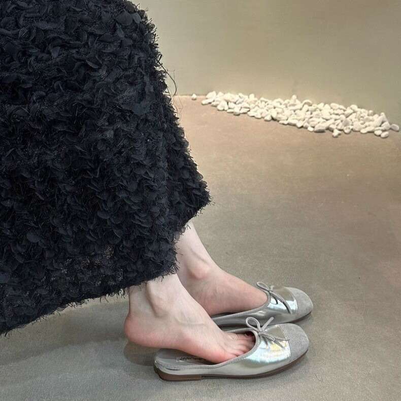 Sheepskin Version ~ Ballet Pointed Toe Half Slippers Summer Flat Outdoor Soft Sole Bowknot Silver French Style Sandals for Women