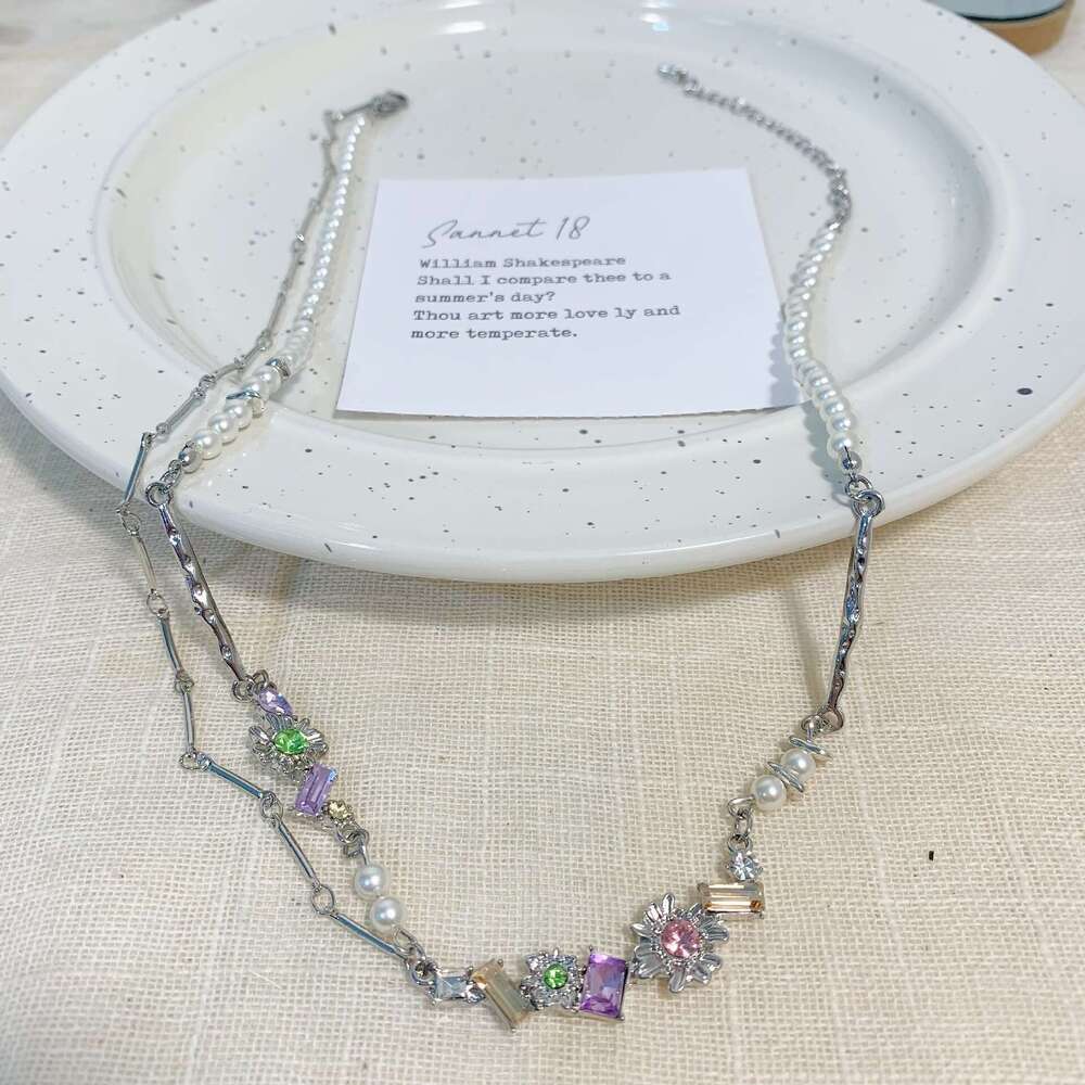 Dopamine Colorful Zircon Geometric Flower Necklace Niche Design Sweet High-End Hot Girl Accessory Collarbone Chain 4f6