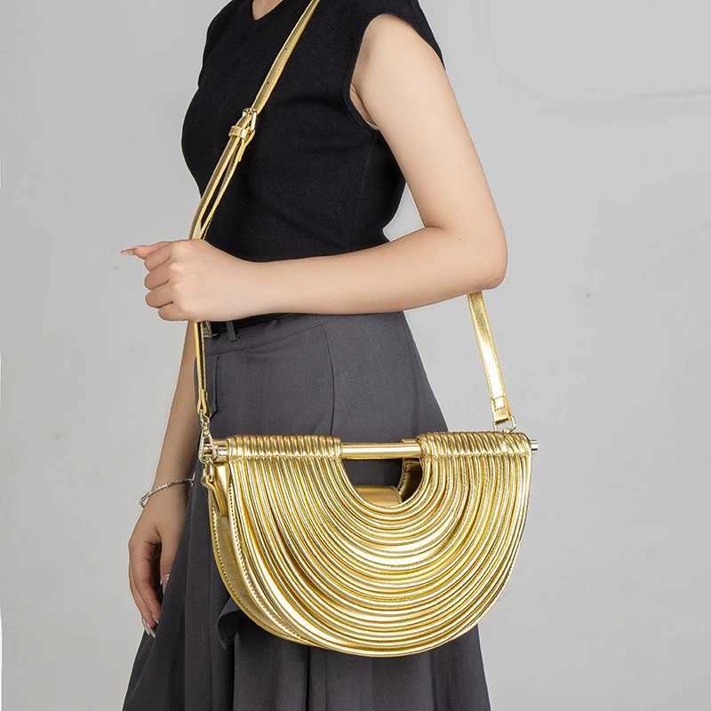 2025 New Gold Luxury Designer Brand Handwoven Noodle Bags Half Round Pulled Hobo Silver Evening Clutch Chic Handbags for Women G250801