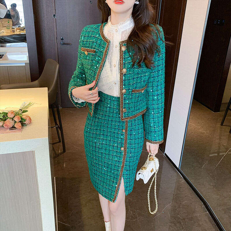 Socialite Elegant Green Tweed High-End Coat Irregular Bodycon Skirt Set 2023 New Thickened