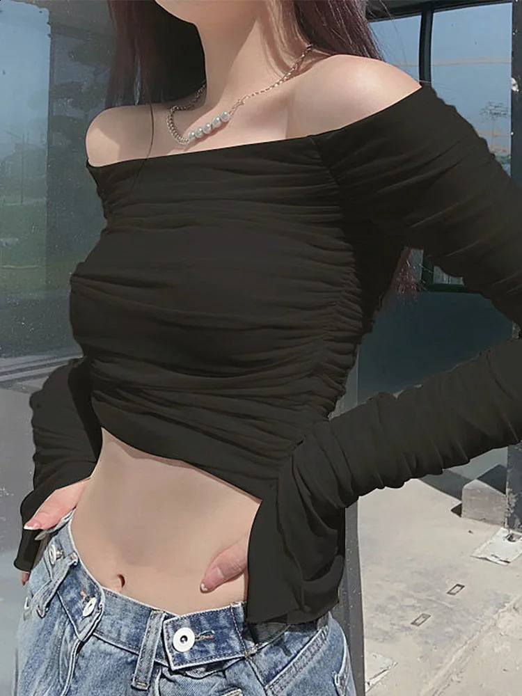 Mesh Patchwork Women Long Sleeve Crop T-Shirt Ruched Off Shoulder Bodycon Sexy Elegant Streetwear Spring Summer 250725