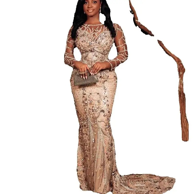 Luxurious Beading Lace Wedding Dresses Illusion Full Sleeve Mermaid Bridal Gown Customized Crystal Sweep Trainvestidos de novia