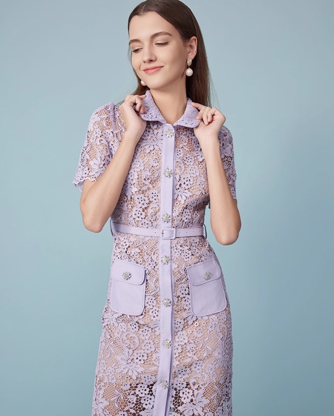 Summer New Elegant Purple Hollow Hot Diamond Button Midi Dress Water-Soluble Lace Dress Party Summer Resort Wear Office Women Clothing 6116474