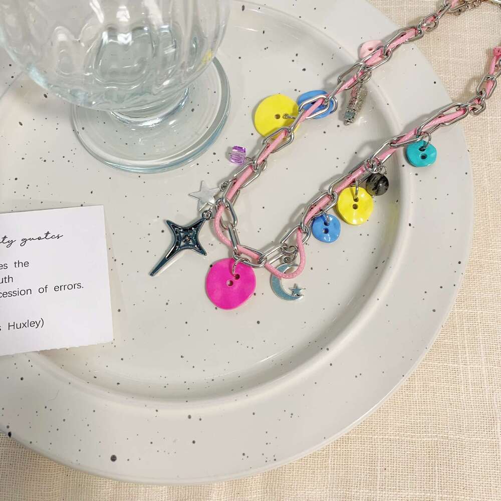 Dopamine Colorful Button Leather Necklace Niche Design Light Collarbone Versatile Neck Chain Student Best Friend Accessory 271